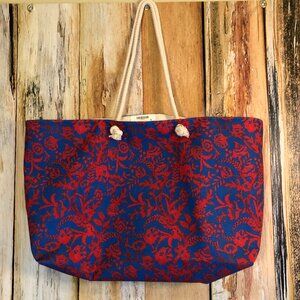 The Inside NYC Canvas Tote Beach Bag Red Blue Floral Rope Handle Lined NEW!